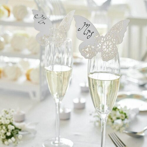 dreammadestudio White 100 Pcs Hollow Out Butterfly Name Place Card for Wedding Champagne Wine Glass Party Favour Table Number Decoration SamGreatWorld 