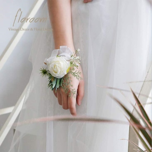 Wrist corsage white rose with blooming green & stunning white...