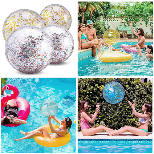 5 Pack Beach Ball Jumbo Pool Toys Balls Giant Confettis Glitters Inflatable Clear Beach Ball Swimming Pool Water Beach Toys Outdoor Summer Party Favors for Kids Adults 