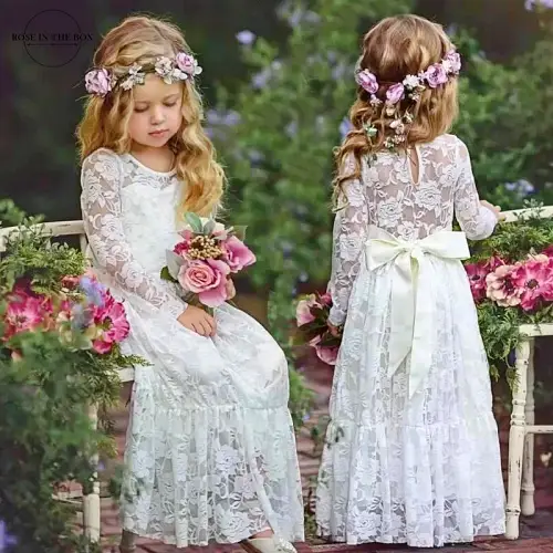 White lace long sleeve flower girl dress – White boho gown with perfect White lace & soft sleeves + satin belt for ages 1-10 years old