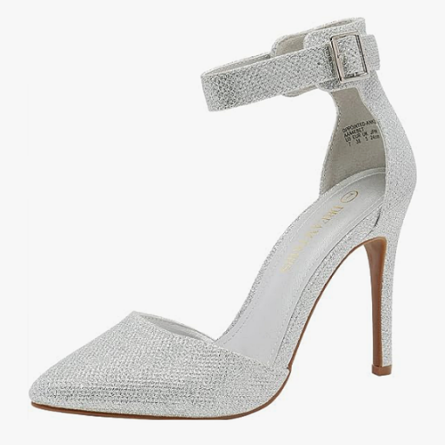 Comfortable silver heels for wedding Ankle strap glitter heel A beautiful and flattering high heel bridal shoe with an ankle strap