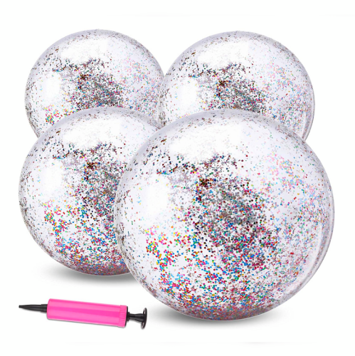 Inflatable confetti beach ball 4 pcs pack of transparent inflatable water balls filled with colorful & shiny confetti