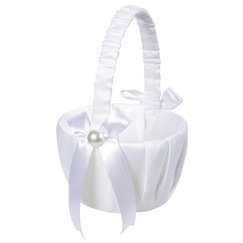 Flower girl basket White for an elegant flower girl wrapped in a spectacular satin and white pearls
