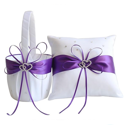 Ring bearer pillow and flower girl basket set Basket with a sparkling double heart decoration