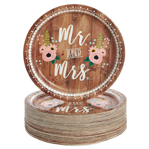 Rustic paper plates for wedding Set of 80 beautiful plates in wood & flower design with the writing MR & MRS