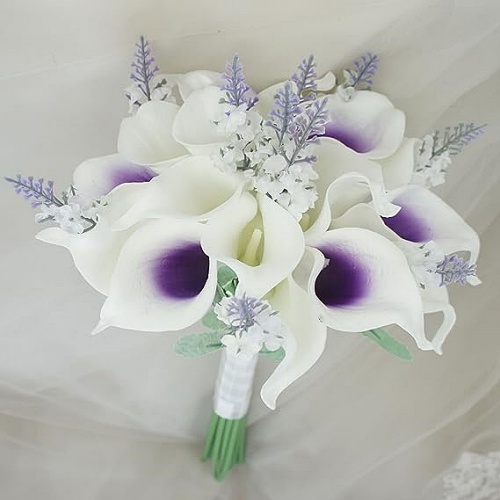 Wedding flowers calla lily bridal bouquet in soft colors like pleasant lilac Purple or heavenly Blue