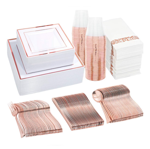 Rose gold plastic dinnerware 50 Guest Full Cutlery & In A Gorgeous Rose Gold & White Luxury design