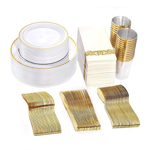 Gold plastic utensils for wedding Partyware 50 Guest Gold Plastic Plates with Disposable Cutlery