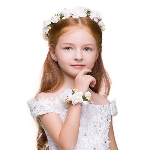 Wrist corsage for flower girl Stunning set of a flower tiara and a matching flower bracelet in a romantic White