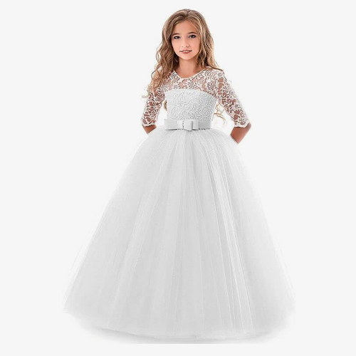 Ball gown floor-length flower girl dress A magical long tutu dress with a perfect lace top & elbow-length sleeves for ages 5-14 years old