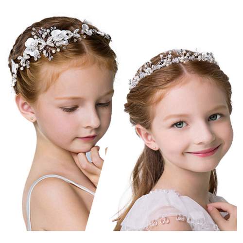 Pearl tiara for flower girl Set of 2 white flower head bouquets perfect for little princesses for a wedding
