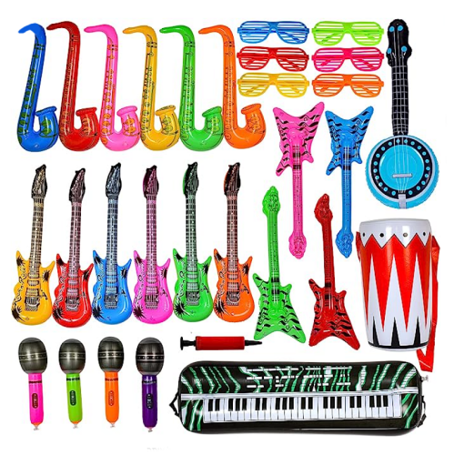 Inflatable instruments Package that includes colorful microphones & glasses Affordable package of 30 pcs