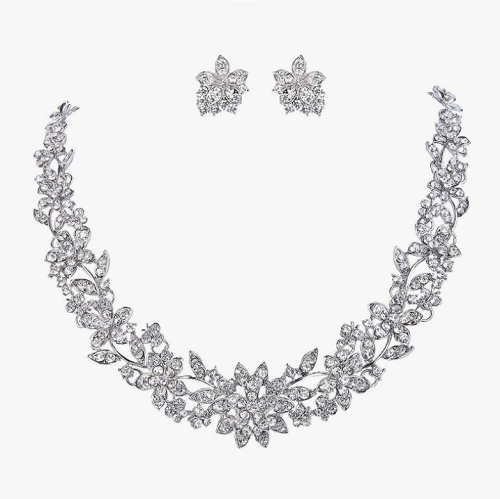 Silver bridal jewellery sets in a spectacular and sparkling design that includes a mesmerizing necklace and matching flower earrings