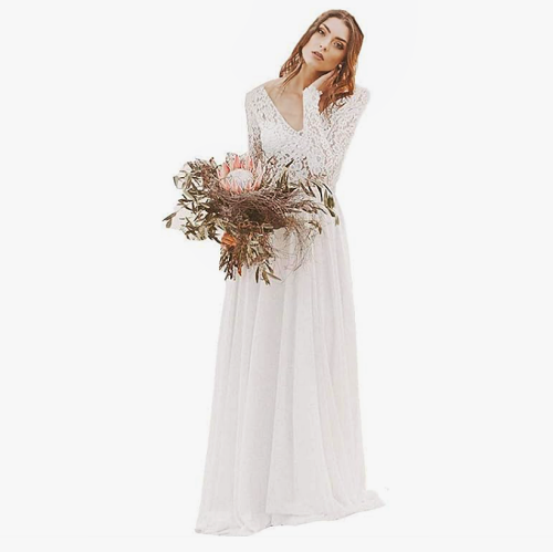 Boho v neck wedding dress in a stunning design with long lace sleeves at a truly great price