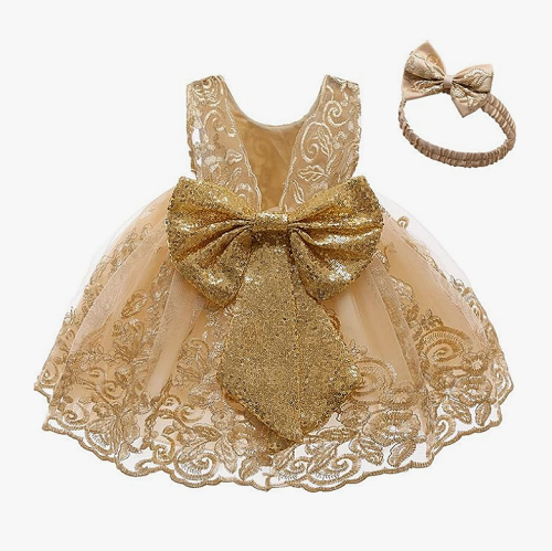 Baby flower girl dress for wedding	for babies 0-12 months for weddings with a stunning big sequins bow tie