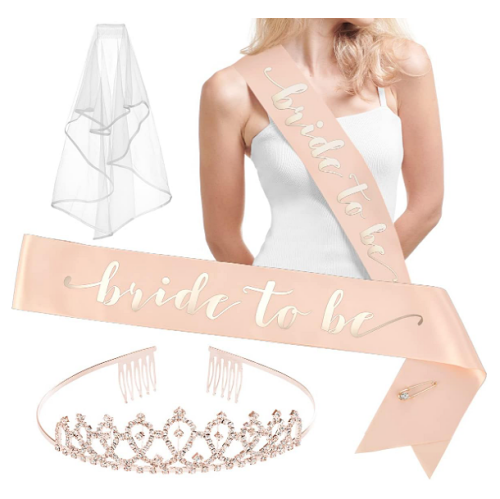 Bride to be sash and veil set in Rose Gold that includes Body ribbon crown veil & stunning tattoos