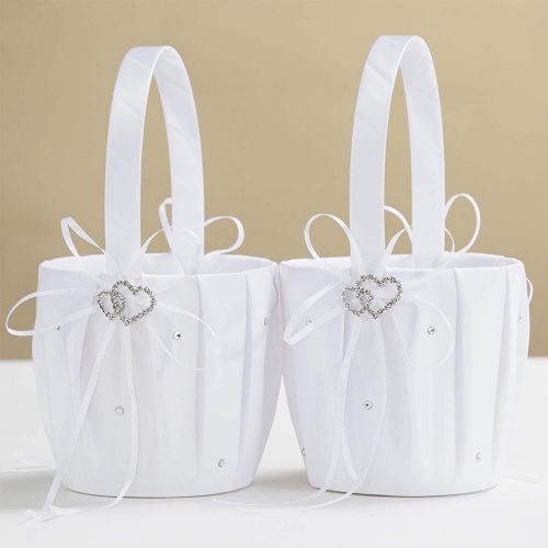 Beige Sytauuan Double Heart Rhinestone Satin Ribbons Bowknot Wedding Flower Basket Home Decor 