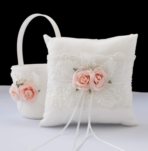 Double Heart Satin Ring  Bearer Pillow and Wedding Flower Girl Basket Set I6W4 