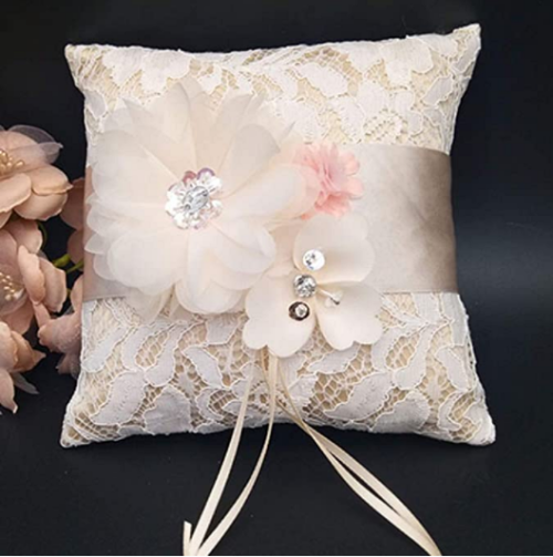 SUPVOX Burlap Ring Pillow with Lace Flower Wedding Ring Bearer Pillow Cushion for Ceremony Engagement 2pcs