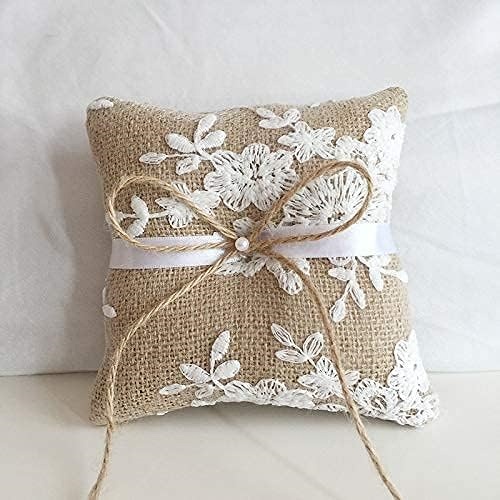 Burlap ring bearer pillow Stunning design item woven with white lace in a vintage rustic theme