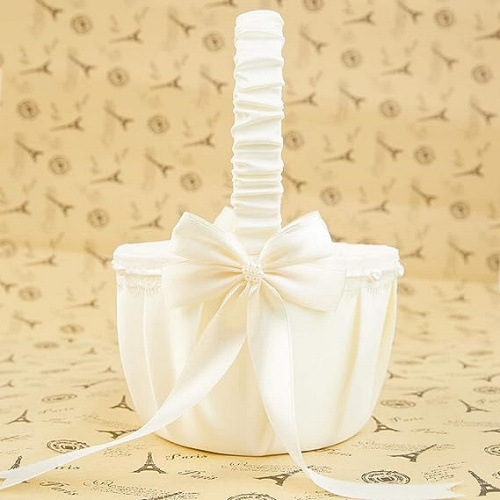 Flower girl confetti basket in a classic and charming design wrapped in a cozy White satin & romantic ribbon ornaments