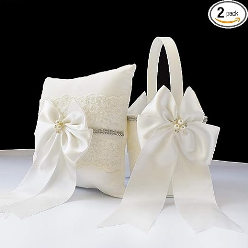 Wedding flower basket and ring pillow set in a luxurious...