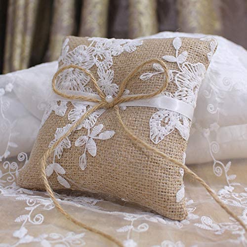 SUPVOX Burlap Ring Pillow with Lace Flower Wedding Ring Bearer Pillow Cushion for Ceremony Engagement 2pcs