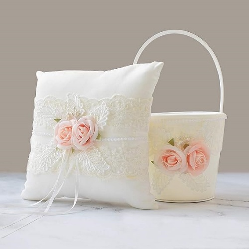 Flower girl basket and ring bearer pillow set in a charming vintage & romantic design with Pink fabric roses that are pleasing to the eye
