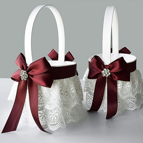 White lace flower girl basket A set of 2 baskets in a particularly luxurious design with satin ribbons in White or wine Red