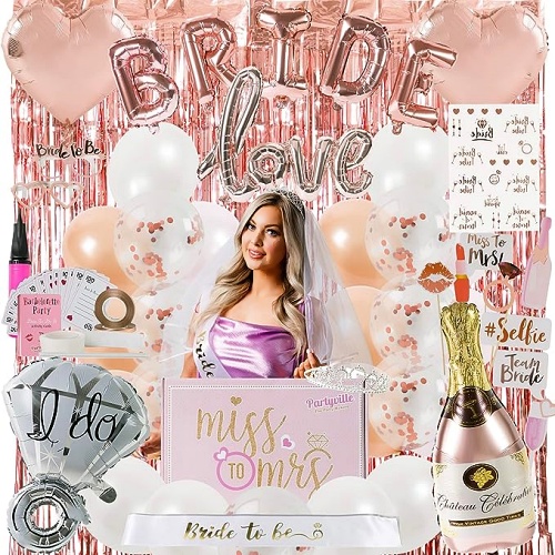 Bachelorette party decorations kit that includes a set for the bride decorations photo accessories tattoos and games!