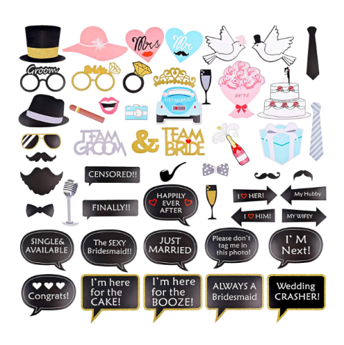 Best wedding photo booth props An affordable package of 52 funny fun & colorful accessories for perfect and unforgettable wedding photos