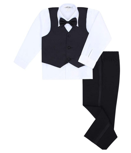 LEADERTUX 5pc Baby Toddler Boy Formal Tuxedo Suit Black Pants Shirt Vest Bow tie Hat SM-4T 