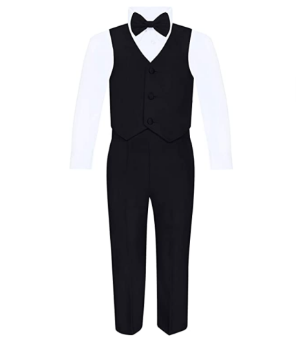 Boys Slim Fit Tuxedo suit 5pc set coat,Satin vest,striated pant,shirt,bow tie 
