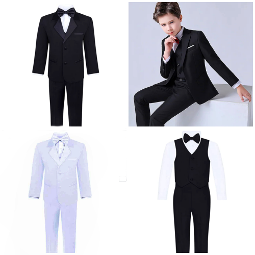 Boy's 6-Piece Suit Set Includes Suit Jacket Dress Pants White Dress Shirt Matching Vest Neck Tie & Bow Tie 