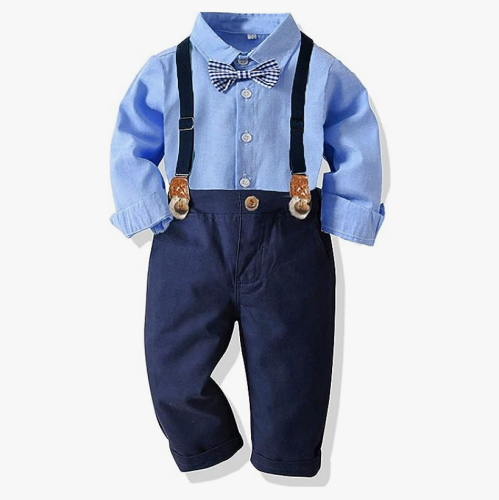 Toddler boy dress suit set Bow Tie T-shirt Pants and Suspenders Gentleman Costume for Ages 6 Months – 6 Years