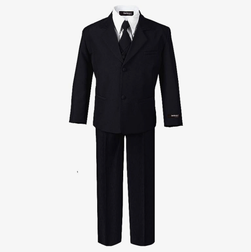 Boy formal suit set suitable for toddlers and boys in black with a black tie black with a gold tie or full white. Sizes 3 months – 16