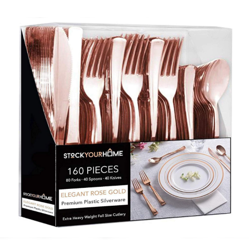Rose gold plastic silverware bulk for a wedding or bachelorette party in a stunning and charming metallic color, perfect for decorating an event table