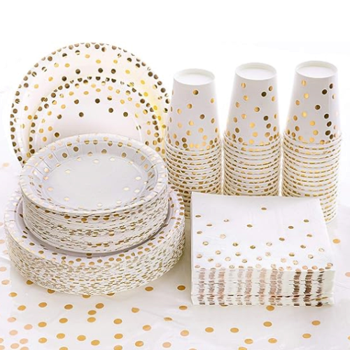 Rose gold paper plates cups and napkins with spectacular metallic gold rings and a selection of luxurious colors. A set that includes plates, cups and napkins