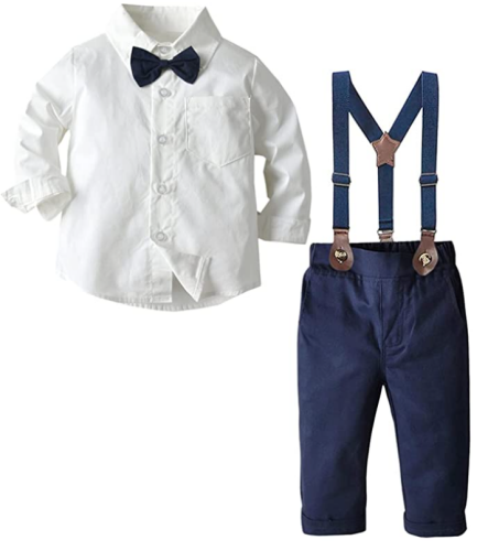 Nwada Baby Boys Clothes Sets Kids Party Suits 4PCS Long Sleeve Bow Tie Shirts Suspenders Trousers Outfits 6M-3 Years 