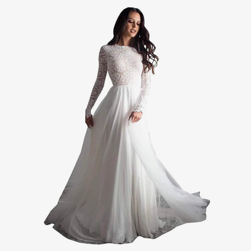 Lace top long sleeve wedding dress Stunning Gown Floral closed...