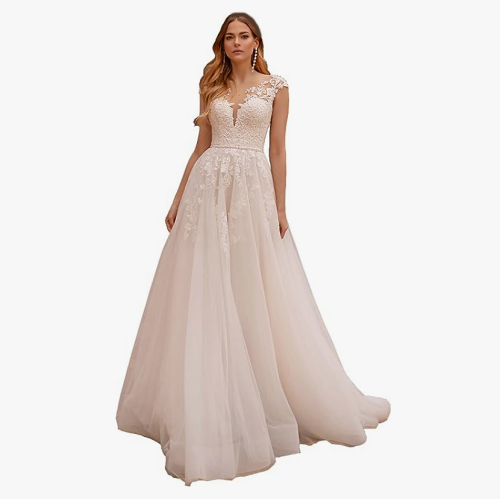 Tulle lace applique wedding dress A stunning princess gown with short lace sleeves, a floral and romantic style and an insanely flattering cut