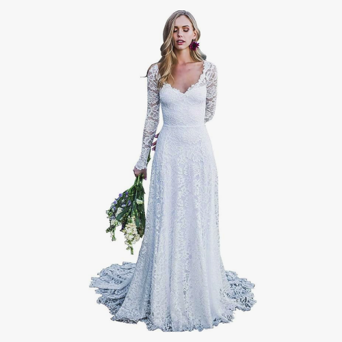 Boho lace wedding dress long sleeve v-neck a-line open back built-in bra fully lined