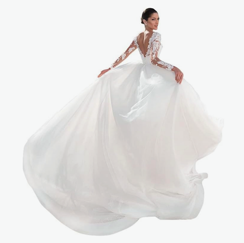 Embellished wedding dress long sleeve Lace Appliqued Bodice, Flowy Tulle...