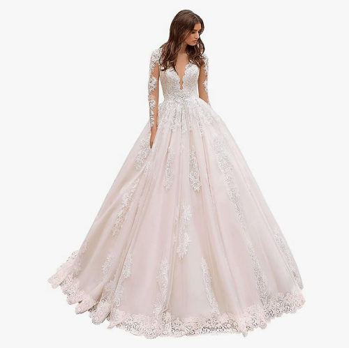 Ball gown long sleeve wedding dress Women’s Elegant Lace Beach Wedding Dresses for Bride 2022 with Sleeves Wedding Bridal Gowns