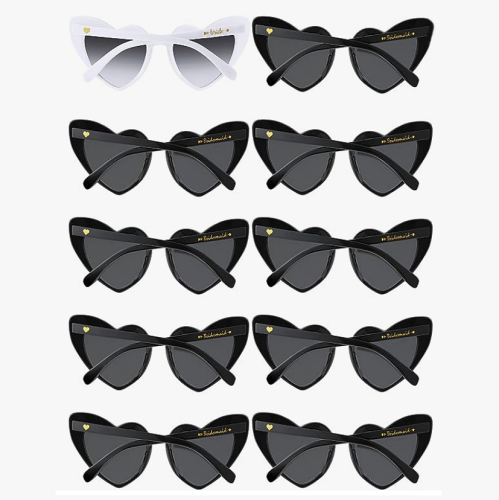 Bride and bridesmaid heart sunglasses Bachelorette party gifts Set of 10 pairs of stunning sunglasses in the shape of a unique heart that drips chic and style! Includes white glasses for the bride