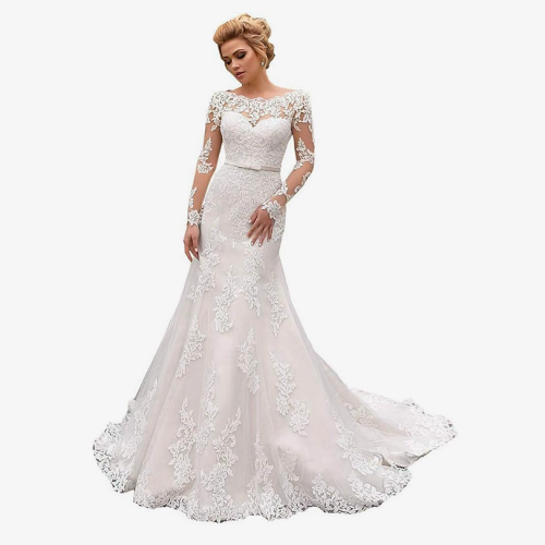 Mermaid lace wedding dress with sleeves Flattering mermaid style gown with a princess trail and mesmerizing lace sleeves