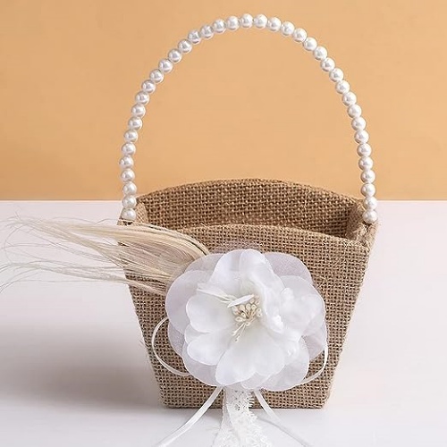 Burlap basket flower girl Rustic Flower Girl Basket Burlap Jute Basket with Pearl Handle For Vintage Wedding Ceremony