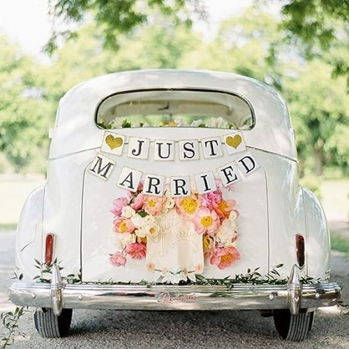 Just Married Banner For Car Gold Glitter Just Married Sign Garland for Bridal Shower Decorations, Photo Props and Car Decorations