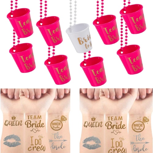 Hen party shot glass necklace bulk 12 Team Pink Bride cups including a white one for the bride, attached to a chain so you can wear them + 24 breathtaking metallic temporary tattoos