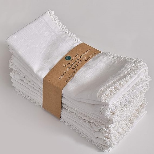 Cotton dinner napkins white Pack of 12 large embroidered white and beautiful napkins made of 100% pleasant and caressing cotton